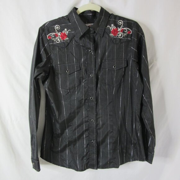 Roper Vintage Western Shirt Snap Black Silver Metallic Stripes Roses Size Medium - Picture 3 of 12